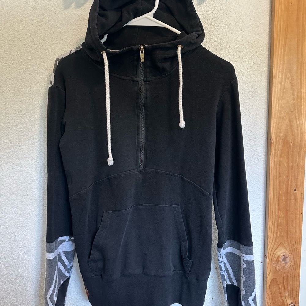 AMPERSAND AVE Black Hoodie with Gray Patterned Sleeves